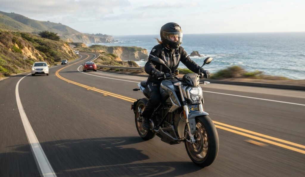 Electric motorcycle being ridden on an open road