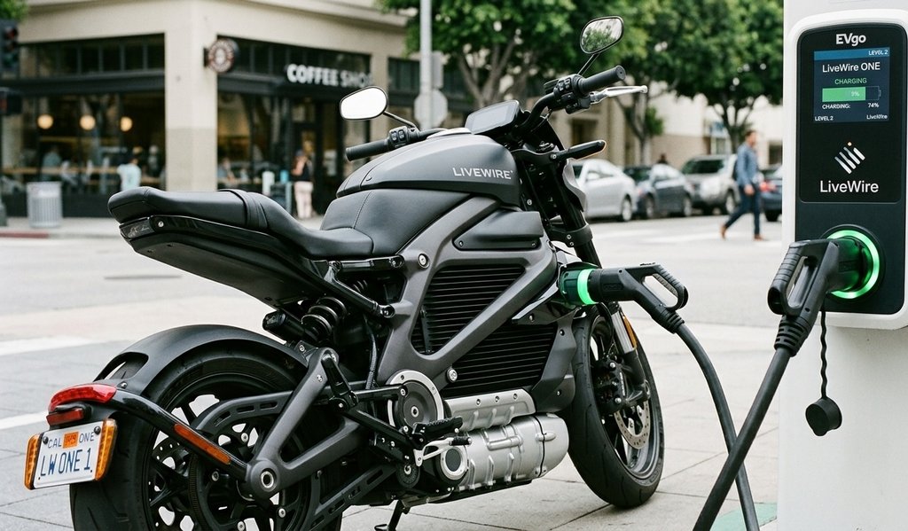 LiveWire electric motorcycle connected to an EV charger