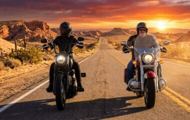 American and Japanese cruiser motorcycles shown side by side