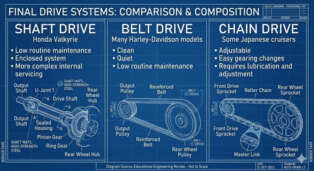 Comparison of shaft, belt and chain final drives on cruiser motorcycles