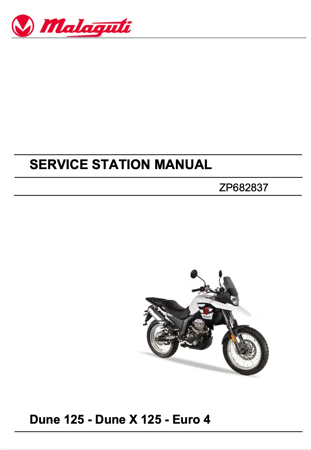 Malaguti Dune X125 Euro 4 Service Manual models 2018 to 2020 original motorcycle manufacturer's PDF repair manual download