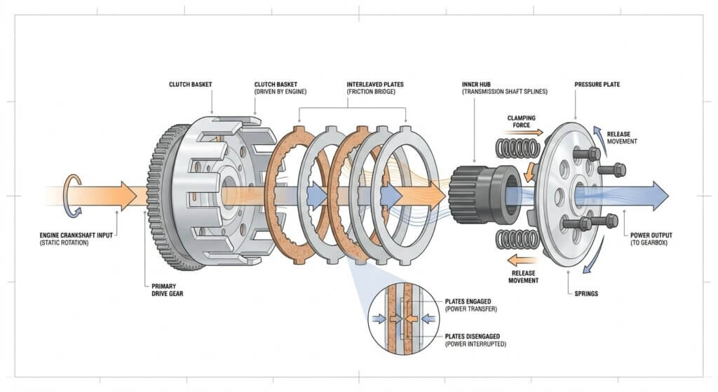 Diagram showing engine power flowing through the motorcycle clutch to the transmission and rear wheel