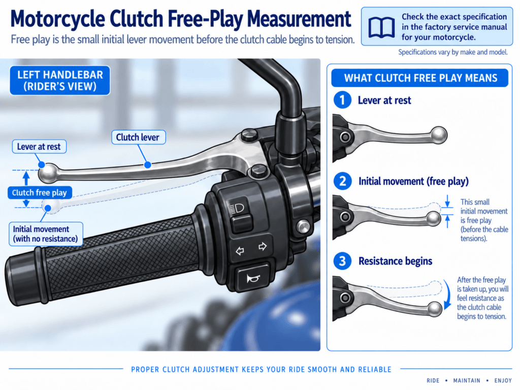 Motorcycle clutch lever free play measurement at the handlebar