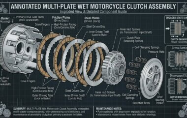 Multi-plate motorcycle clutch showing basket, hub, friction plates, steel plates, springs and pressure plate