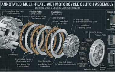 Multi-plate motorcycle clutch showing basket, hub, friction plates, steel plates, springs and pressure plate
