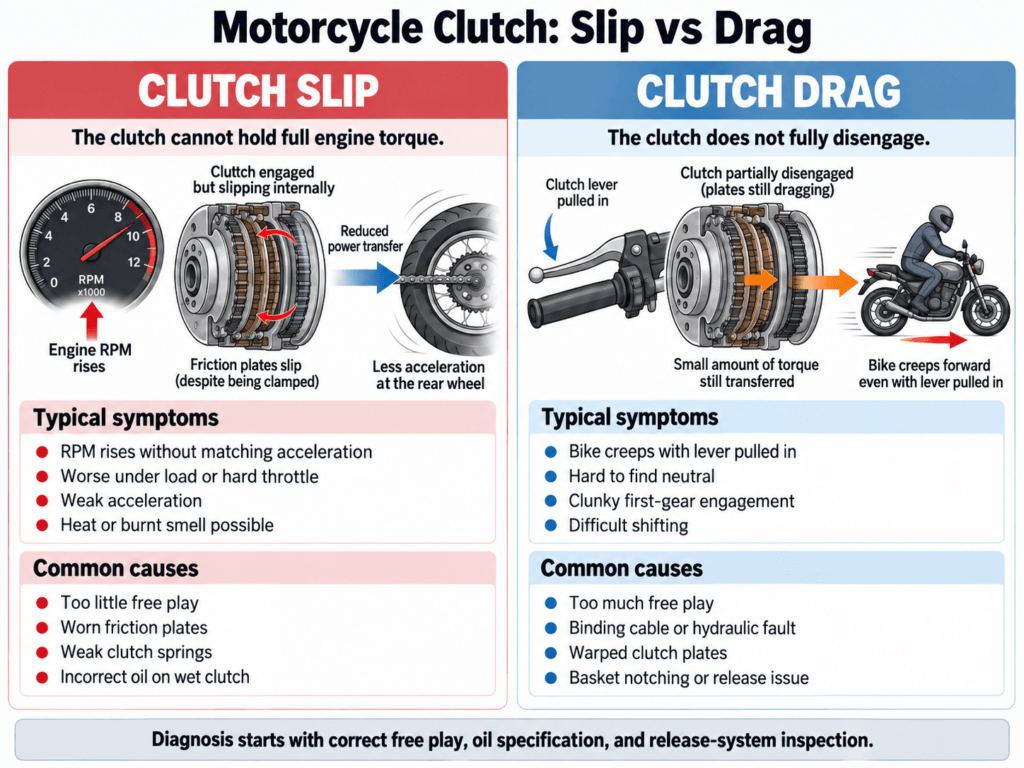 Comparison of motorcycle clutch slipping and clutch dragging symptoms