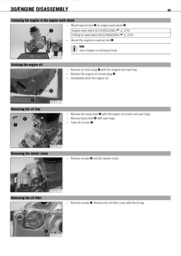 Husaberg FE 450 / FE 570 Service Manual (2009) Sample Preview: Factory engine-disassembly section showing work-stand setup, oil draining, oil-line removal, starter removal and oil-filter service
