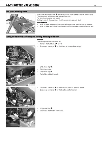 Husaberg FE 450 / FE 570 Service Manual (2009) Sample Preview: Throttle-valve-body service section with EFI intake components, sensors and removal procedure