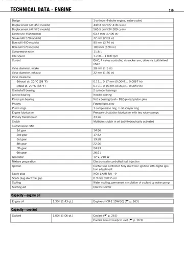 Husaberg FE 450 / FE 570 Service Manual (2009) Sample Preview: Factory technical engine data for the FE 450 and FE 570, including displacement, bore and stroke, compression ratio, six-speed ratios and EFI
