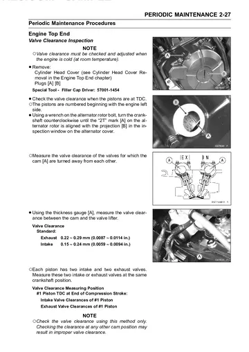 Kawasaki Ninja 300 / Ninja 300 ABS Service Manual (2013–2014) Sample Preview: Valve-clearance inspection with intake and exhaust specifications