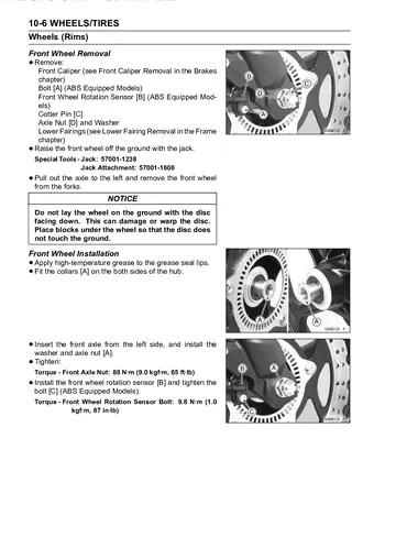 Kawasaki Ninja 300 / Ninja 300 ABS Service Manual (2013–2014) Sample Preview: Front wheel removal and installation procedure, including ABS wheel-speed sensor service