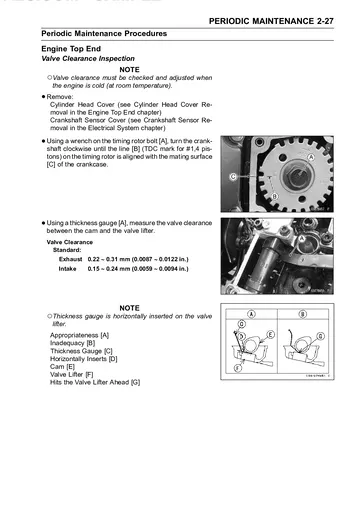 Kawasaki Z1000 / Z1000 ABS Service Manual (2014–2015) Sample Preview: Valve-clearance inspection with intake and exhaust specifications
