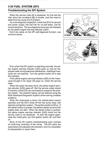 Kawasaki Z1000 / Z1000 ABS Service Manual (2014–2015) Sample Preview: DFI troubleshooting procedure and diagnostic workflow