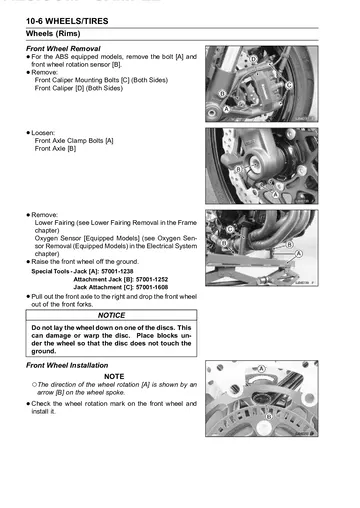 Kawasaki Z1000 / Z1000 ABS Service Manual (2014–2015) Sample Preview: Front wheel removal and installation procedure, including ABS wheel-speed sensor removal