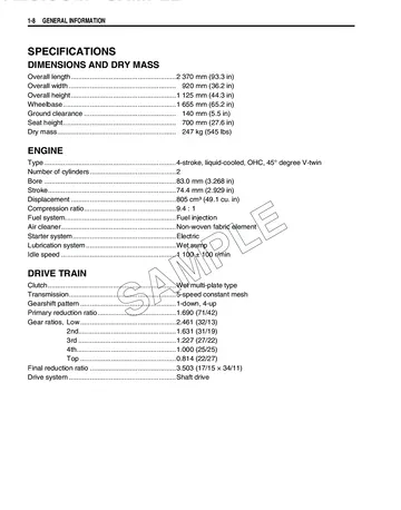Suzuki VZ800 / Boulevard M50 / Intruder M800 Service Manual (2005) Sample Preview: Factory specifications for the 805 cc fuel-injected V-twin and shaft drive