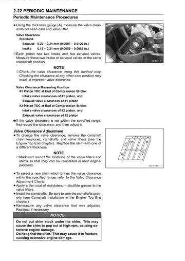 Kawasaki Ninja 650 / ER-6f Service Manual (2012) Sample Preview: Valve-clearance measurement and adjustment specifications for the 649 cc parallel twin