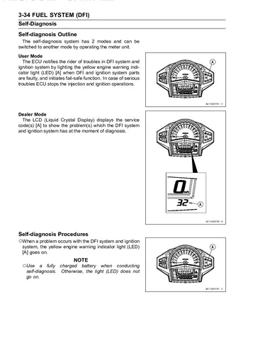 Kawasaki Ninja 650 / ER-6f Service Manual (2012) Sample Preview: DFI self-diagnosis overview showing user and dealer diagnostic modes