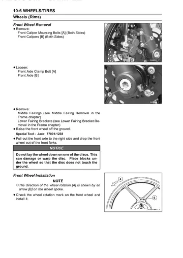 Kawasaki Ninja 650 / ER-6f Service Manual (2012) Sample Preview: Front wheel removal and installation procedure with service photographs