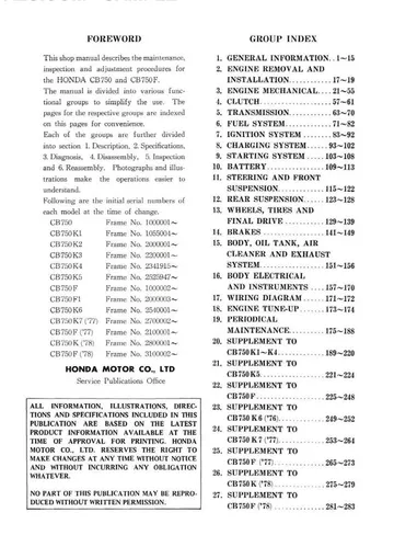 Honda CB750 SOHC Service Manual (1969-1978) – Partial Scan Sample Preview: Factory foreword and group index showing CB750/CB750F model and frame-number coverage through 1978