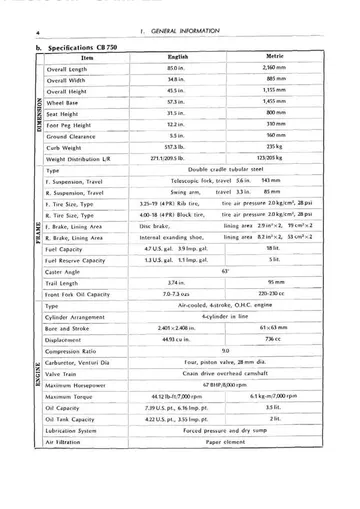 Honda CB750 SOHC Service Manual (1969-1978) – Partial Scan Sample Preview: Base CB750 factory dimensions, chassis, 736 cc SOHC engine and carburetor specifications