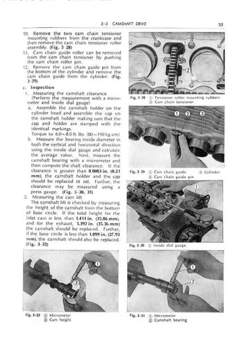Honda CB750 SOHC Service Manual (1969-1978) – Partial Scan Sample Preview: Camshaft-drive inspection procedure with cam-chain tensioner, guide and camshaft service limits