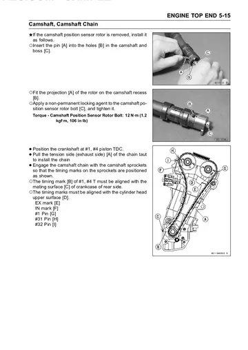 Kawasaki Ninja ZX-12R Service Manual (2002–2004) Sample Preview: Camshaft and camshaft-chain installation with timing-mark diagrams and torque specification