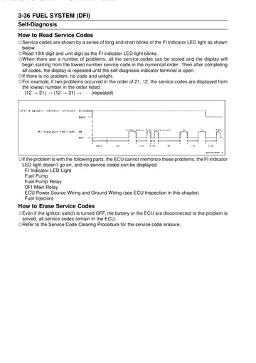 Kawasaki Z1000 ZR1000-A1/A2 Service Manual (2003–2004) Sample Preview: DFI self-diagnosis procedure explaining service-code display and clearing