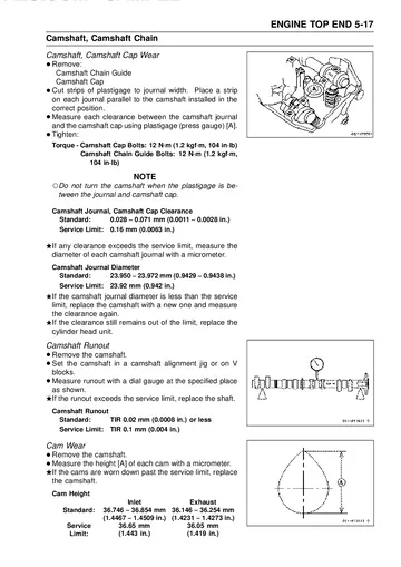 Kawasaki Z1000 ZR1000-A1/A2 Service Manual (2003–2004) Sample Preview: Camshaft and camshaft-cap wear inspection with service limits and measurement diagrams