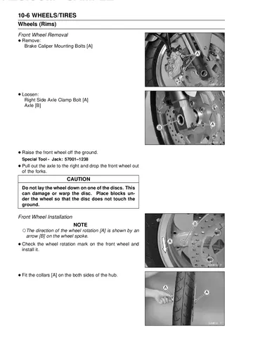 Kawasaki Z1000 ZR1000-A1/A2 Service Manual (2003–2004) Sample Preview: Front wheel removal and installation procedure with service photographs