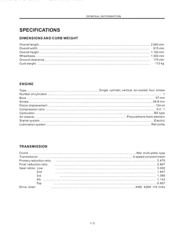 Suzuki GN125F Service Manual (2014 First Edition) Sample Preview: GN125F factory specifications for the 124 cc air-cooled single-cylinder engine and five-speed drivetrain