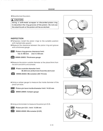 Suzuki GN125F Service Manual (2014 First Edition) Sample Preview: Piston and cylinder inspection procedures with factory service illustrations