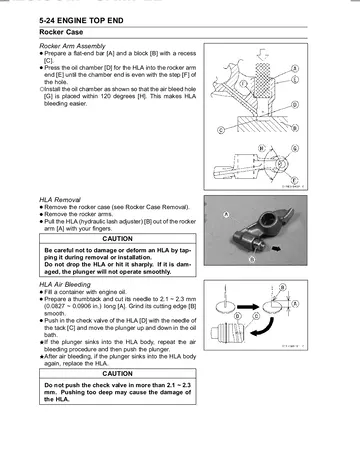 Kawasaki Vulcan 1600 Mean Streak VN1600-B1 Service Manual (2004) Sample Preview: Hydraulic lash-adjuster removal and bleeding with rocker-arm service illustrations