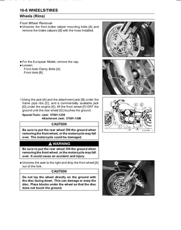 Kawasaki Vulcan 1600 Mean Streak VN1600-B1 Service Manual (2004) Sample Preview: Front wheel removal procedure with brake-caliper, axle and lifting instructions