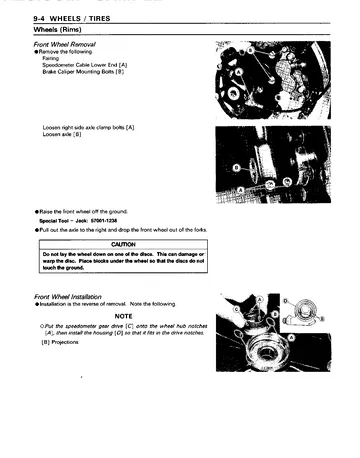 Kawasaki Ninja ZX-11 / ZZ-R1100 Service Manual (1993–1997, 1999–2001) Sample Preview: Front wheel removal and installation procedure with service photographs