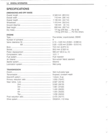 Suzuki GSX-R1000 Service Manual (2001-2002) Sample Preview: 2001 GSX-R1000K1 factory specifications for the 988 cc engine and six-speed drivetrain