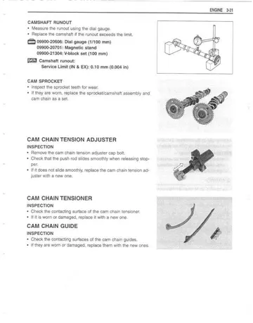 Suzuki GSX-R1000 Service Manual (2001-2002) Sample Preview: Engine camshaft and cam-chain service procedures with factory photographs