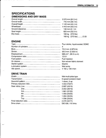 Suzuki GSX-R1000 Service Manual (2003) Sample Preview: Factory GSX-R1000K3 specifications for the 988 cc engine and six-speed drivetrain