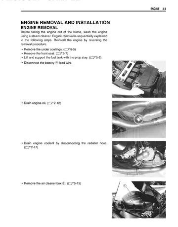 Suzuki GSX-R1000 Service Manual (2005-2006) Sample Preview: Engine removal and installation procedure with factory photographs