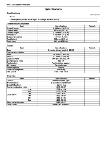 Suzuki GSX-R1000 Service Manual (2009) Sample Preview: Factory GSX-R1000 K9 specifications for the 999 cc engine and six-speed drivetrain