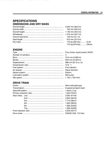 Suzuki GSX-R1000 Service Manual (2007) Sample Preview: Factory GSX-R1000K7 specifications for the 999 cc engine and six-speed drivetrain