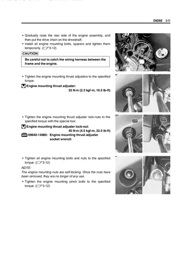 Suzuki GSX-R1000 Service Manual (2007) Sample Preview: Engine installation procedure with factory photographs and mounting data