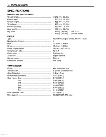 Suzuki GSX-R750 Service Manual (2000-2002) Sample Preview: Factory GSX-R750Y specifications for the 749 cc engine and six-speed drivetrain