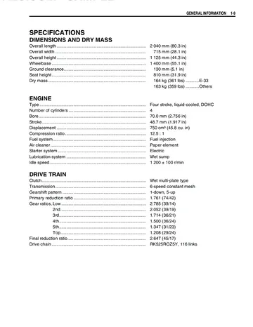 Suzuki GSX-R750 Service Manual (2006) Sample Preview: Factory GSX-R750K6 specifications for the 750 cc engine and six-speed drivetrain