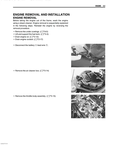 Suzuki GSX-R750 Service Manual (2006) Sample Preview: Engine removal and installation procedure with factory photographs