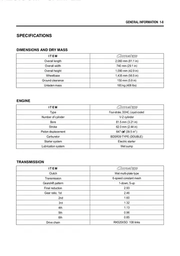 Hyosung GT650 Comet Service Manual (2004) Sample Preview: Factory specifications showing the 647 cc liquid-cooled V-twin, twin BDSR39 carburetors, six-speed gearbox, chain drive and chassis data