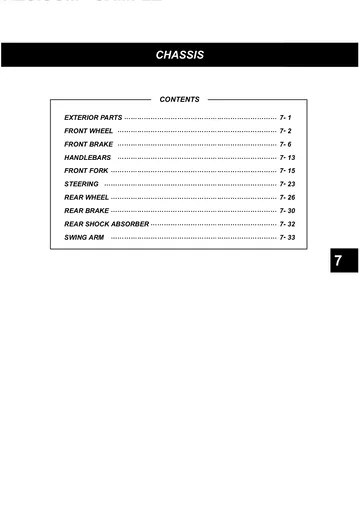 Hyosung GT650 Comet Service Manual (2004) Sample Preview: Factory chassis section covering wheels, brakes, handlebars, fork, steering, rear suspension and swingarm