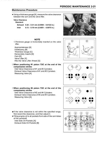 Kawasaki Ninja ZX-6R ZX600P7F Service Manual (2007) Sample Preview: Valve-clearance measurement with 0.13–0.19 mm inlet and 0.24–0.31 mm exhaust specifications