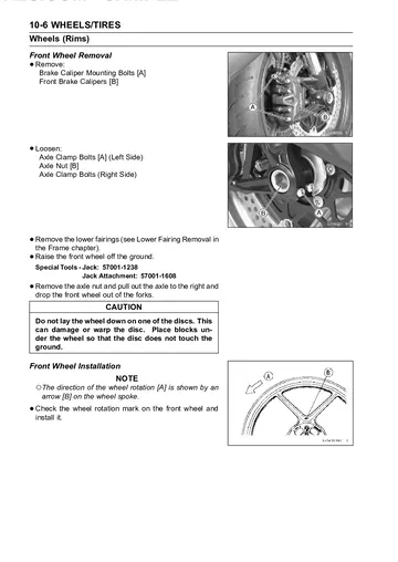 Kawasaki Ninja ZX-6R ZX600P7F Service Manual (2007) Sample Preview: Front wheel removal and installation procedure with service illustrations