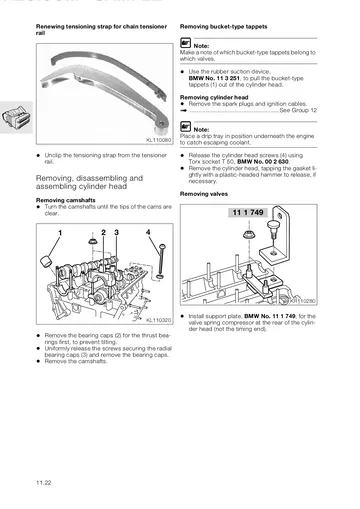 BMW K1200LT Service Manual (1999) Sample Preview: Factory cylinder-head overhaul section showing camshaft, bucket-tappet and valve disassembly procedures