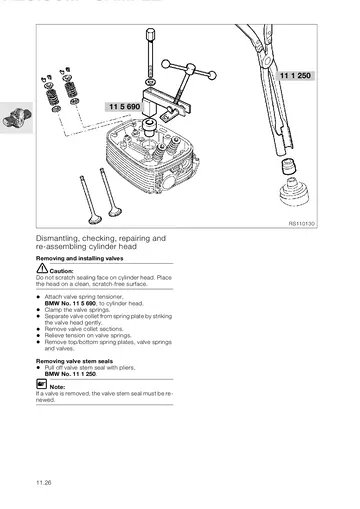 BMW R850C / R1200C Service Manual (1999) Sample Preview: Factory cylinder-head overhaul procedure showing valve removal, valve-spring tooling and valve-stem-seal service from the complete internal engine-repair section